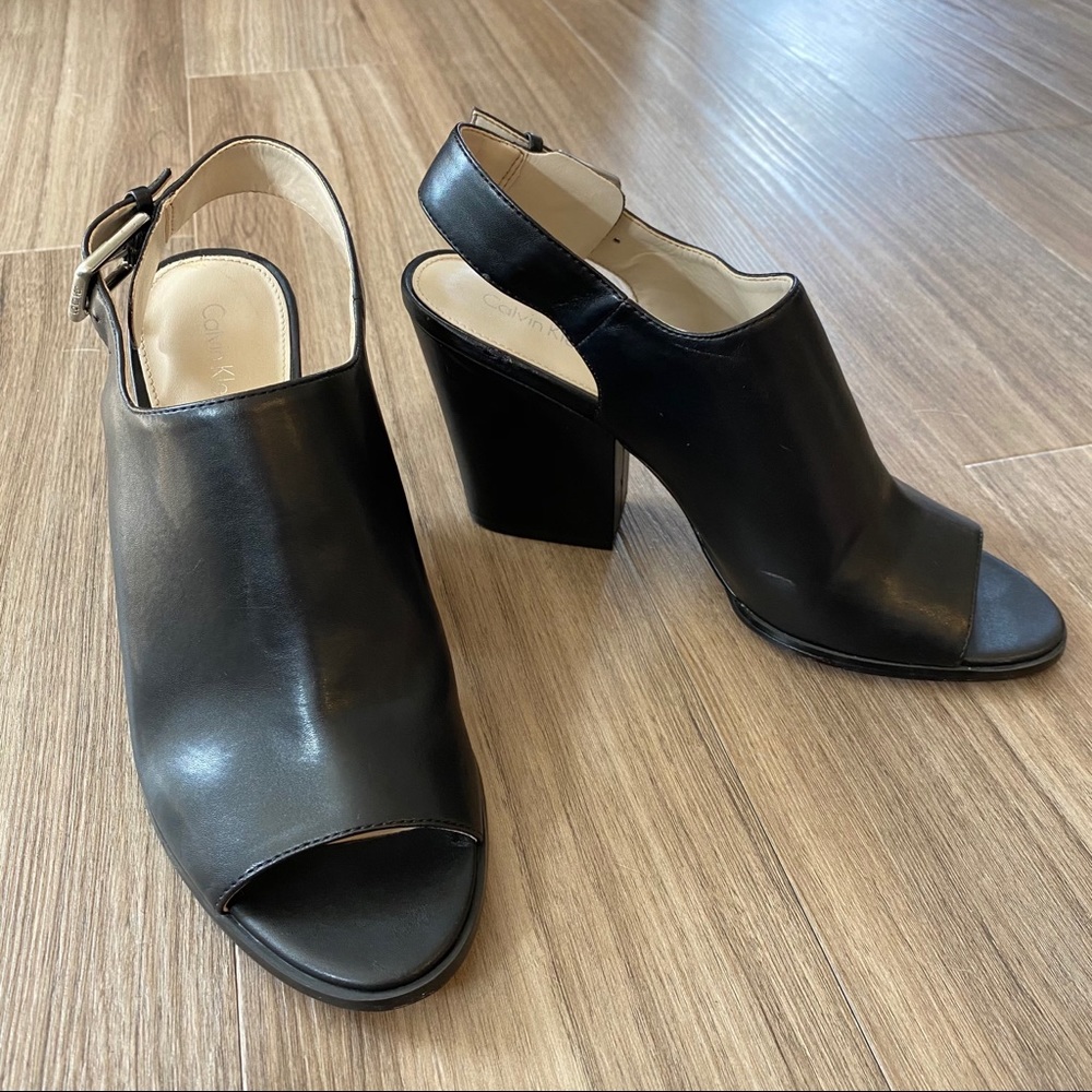 Calvin Klein Wilmet Leather 4” Block Heel Peeptoe